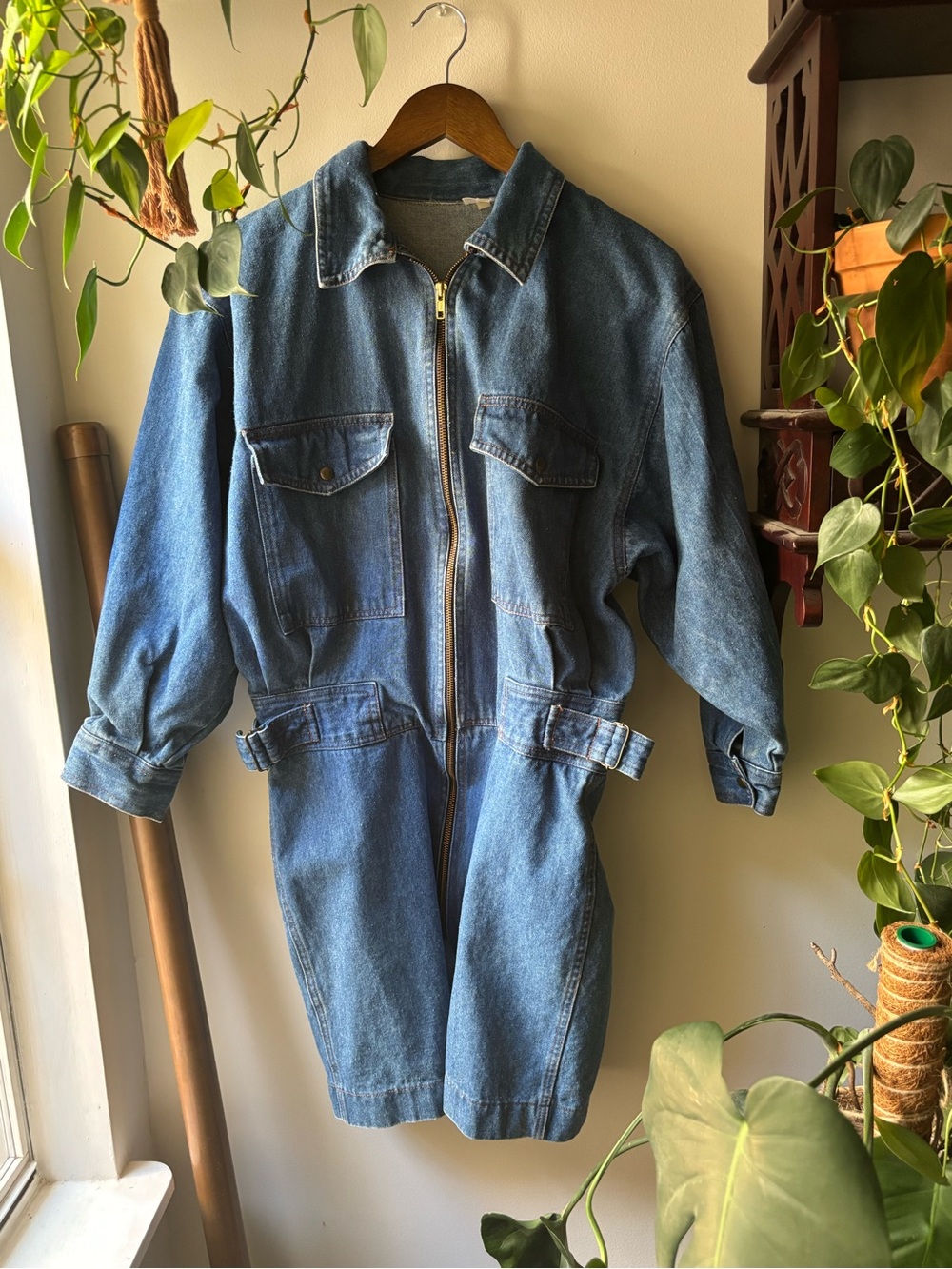 Vintage Denim Zip‑Front Jumpsuit - Classic Blue